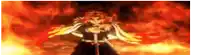 a person is holding a sword in front of a fire .