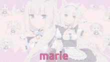 a girl with white hair is wearing a maid outfit and the name marie is on the bottom
