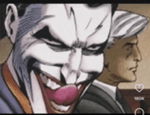 a close up of a joker with his tongue out and a man in a suit behind him