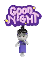 a cartoon character wearing heart shaped sunglasses stands under a sign that says " good night "