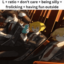 a picture of a group of anime characters with a caption that says l + ratio + don 't care + being silly