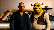 shrek and vin diesel are standing next to each other in front of a car in a photo by hailuo ai