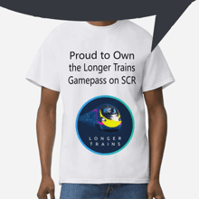 a man is wearing a white t-shirt that says proud to own the longer trains gamepass on scr