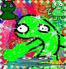 a cartoon drawing of a green monster with a smiley face and the words picmix at the bottom