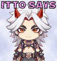 a cartoon character with horns and the words itto says behind him