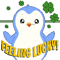 a penguin with a four leaf clover on its chest and the words feeling lucky