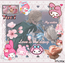 a picture of a man and a girl with the words love is the drug