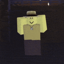 a yellow roblox character wearing a hat and necklace