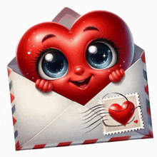 a cartoon heart is peeking out of an envelope with a postage stamp on it