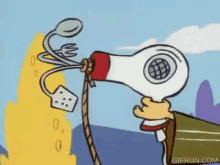 a cartoon character is holding a hair dryer with a cord attached to it .