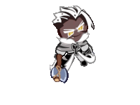 a cookie run character is holding an axe in his hand and looking at the camera .