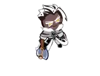 a cookie run character is holding an axe in his hand and looking at the camera .