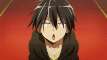 a black haired anime character making a face with his mouth open