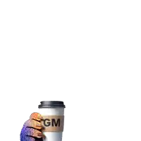 a person holding a cup of coffee that says gm on the sleeve