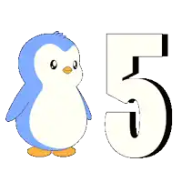 a blue and white penguin is standing next to the number five