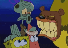 a group of cartoon characters including squidward patrick and a bear