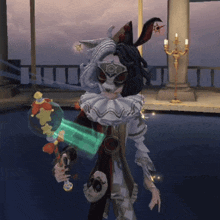 a person in a jester costume is holding a sword