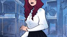 a cartoon of a woman with red hair and a white shirt