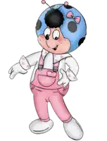 a ladybug wearing pink overalls and a white shirt