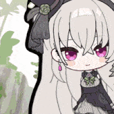 a cartoon drawing of a girl with white hair and pink eyes