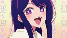 a girl with purple hair and pink eyes is smiling in front of a pattern of bunny paw prints
