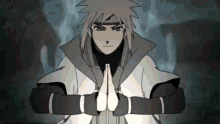 a cartoon character is holding his hands together in a prayer pose .
