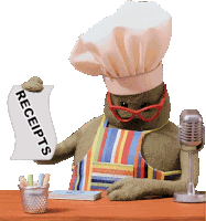 a stuffed animal wearing a chef 's hat and apron is holding a receipt