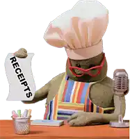 a stuffed animal wearing a chef 's hat and apron is holding a receipt