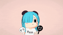 a cartoon girl with blue hair and a white shirt that says " eee " on it