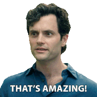 a man in a blue shirt says " that 's amazing " on a white background
