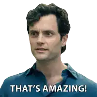 a man in a blue shirt says " that 's amazing " on a white background