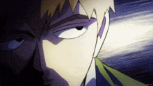 a close up of a cartoon character 's face with a purple shadow behind him