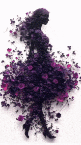 a silhouette of a woman wearing a purple dress made of purple flowers