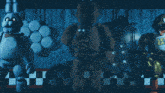 five nights at freddy 's bonnie and chica are standing next to each other in a dark room
