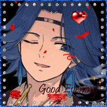 a picture of a boy with blue hair and the words good evening on the bottom