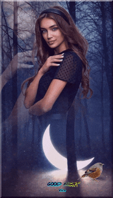 a woman stands in front of a crescent moon with the words good night written on the bottom