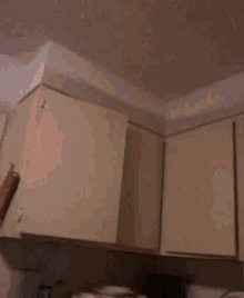 a woman in a blue dress is making a funny face while standing in a kitchen .