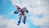 a robot is flying through the air with a sword .