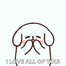 a cartoon dog is holding a pink heart in its paws and says `` i love all of you '' .
