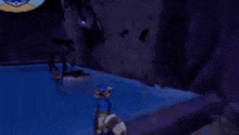 a cartoon character is standing in the water in a video game .