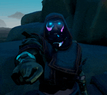 a video game character with glowing blue eyes