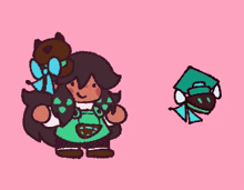 a drawing of a girl holding a cat and a squid