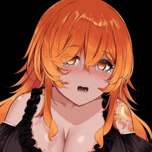 a girl with orange hair and a tattoo on her arm