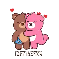 a couple of teddy bears hugging each other with the words " my love " on the bottom