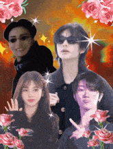 a group of people are standing next to each other with flowers in the background