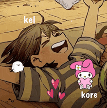 a cartoon of a boy laying on the floor with the words kel and kore written on the bottom