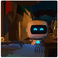 a robot with blue eyes is standing in a dark alleyway