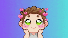 a boy with green eyes and pink hearts around his head