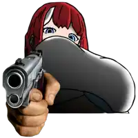 a cartoon of a girl with red hair pointing a gun