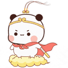 a cartoon panda is flying through the air holding a sword .